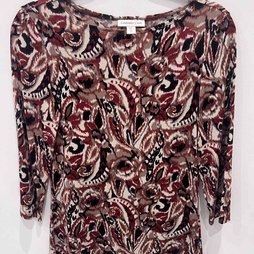 Coldwater Creek. Size:XS. 3/4 Sleeve. Copper, different shades of brown & black.